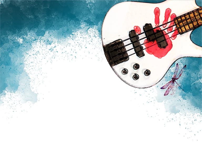 A water color painting of a bass guitar with Bo Oliver's handprint