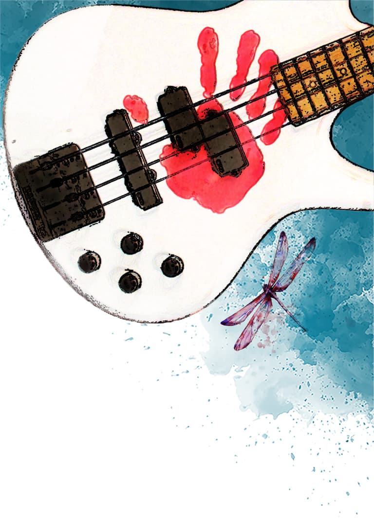 A water color painting of a bass guitar with Bo Oliver's handprint