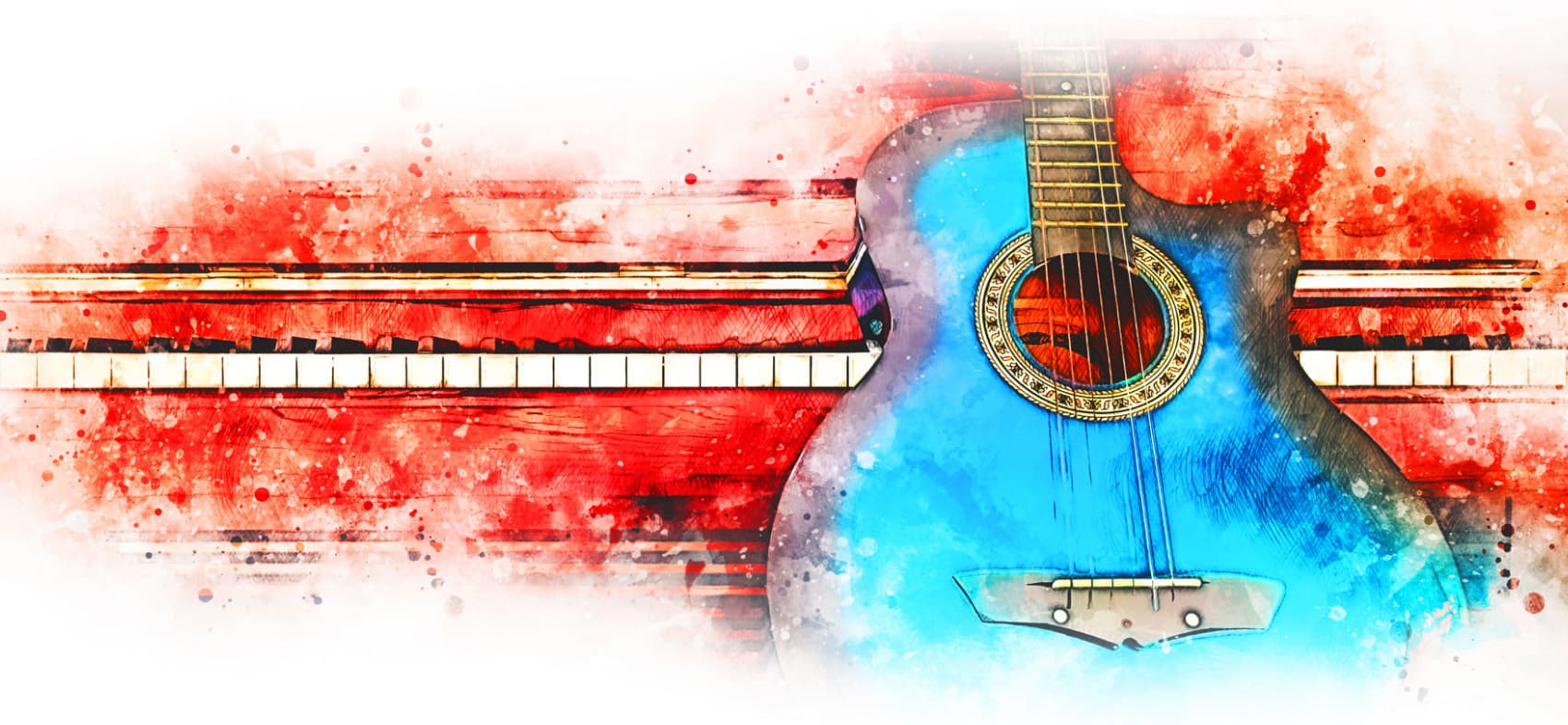 A watercolor painting of a guitar and piano