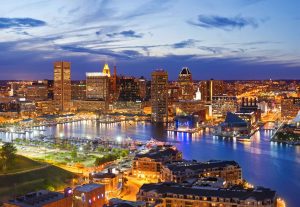 An aerial view of Baltimore, MD